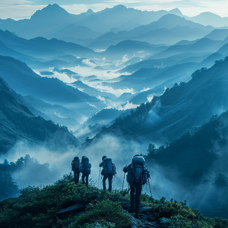 Hikers with backpacks on the top of the mountain with misty valleyの素材
