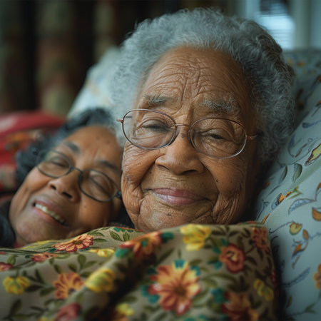 Portrait of senior Asian woman and her daughter lying in bed.の素材