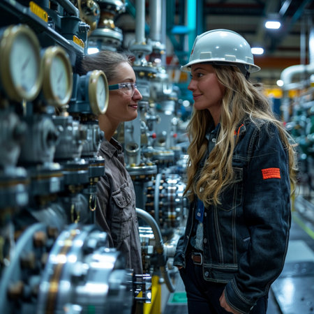 Two female engineers working in a power plant. They are looking at each other and smiling.の素材