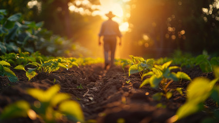 Farmer working in the field at sunset. Agriculture and farming concept.の素材