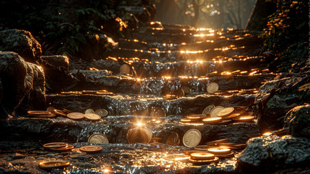 Coins falling into a small waterfall in the forest at night.の素材