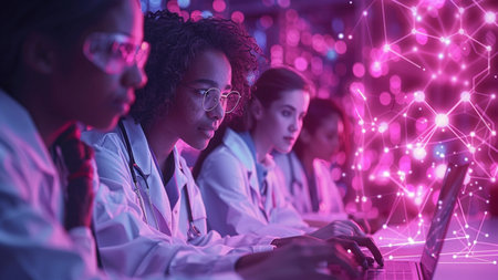 Group of doctors using computers in medical office against purple glowing network designの素材