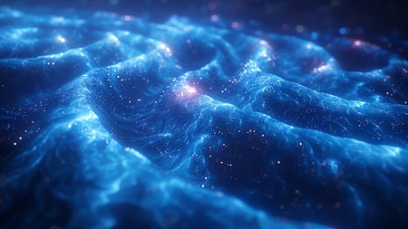 3d rendering of abstract blue particles wave flowing with depth of fieldの素材