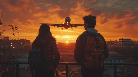Couple looking at the sunset over the city and the plane.の素材