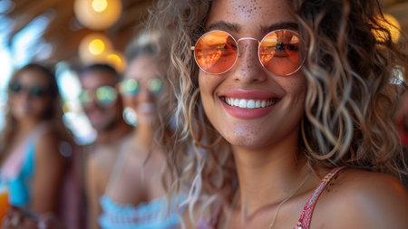 Portrait of a beautiful young woman with curly hair and sunglasses on the beachの素材