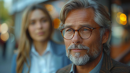 Portrait of a senior man with his daughter in the background.の素材