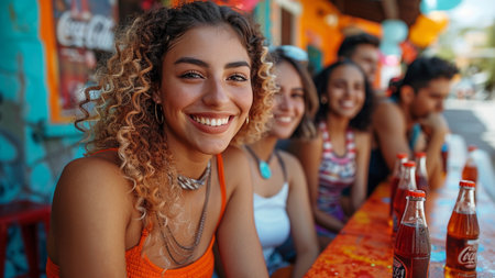 Portrait of a beautiful young woman with her friends in the backgroundの素材