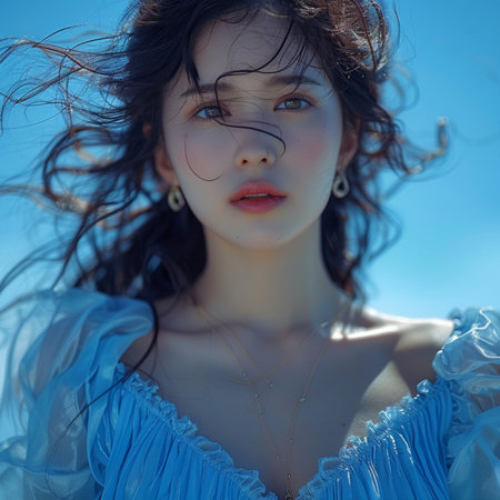 Portrait of a beautiful girl in a blue dress on the beachの素材
