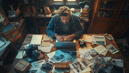 Young photographer working on his laptop in his office. Retro styled.の素材