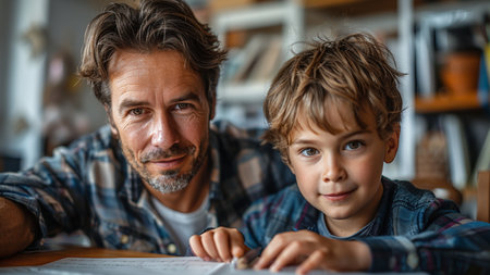 Portrait of father and son doing homework together at home. Education conceptの素材