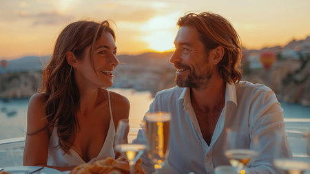 Couple in love enjoying romantic dinner on a yacht at sunset.の素材