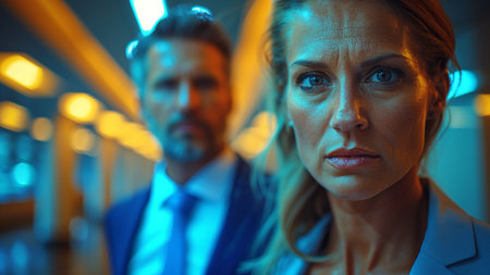 Portrait of confident businesswoman standing with colleague in background at nightの素材