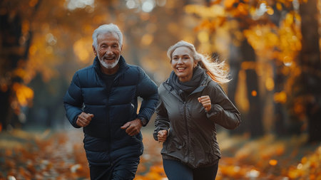 Happy senior couple jogging in autumn park. Sport and active lifestyle.の素材