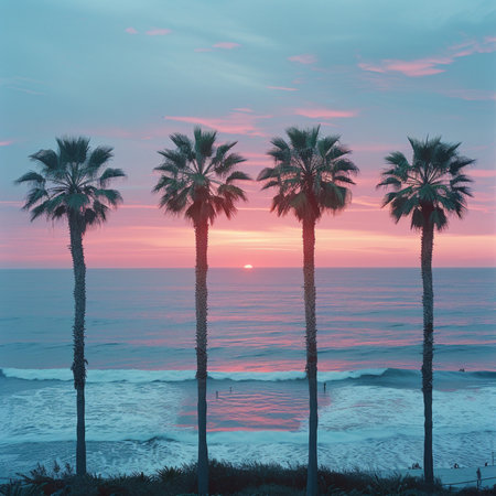 Palm trees on the beach at sunset. Vintage style photo.の素材