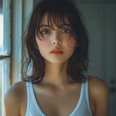 portrait of a beautiful young girl in a white T-shirtの素材