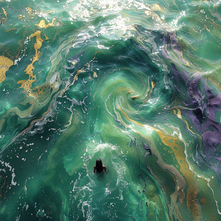 Surfer in ocean. Aerial view of water surface with waves and splashesの素材