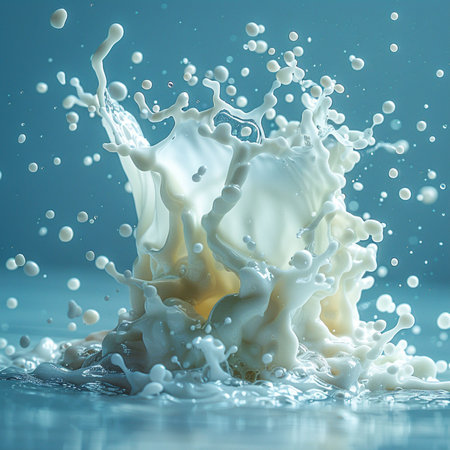 Splash of milk on a blue background. 3d rendering.の素材