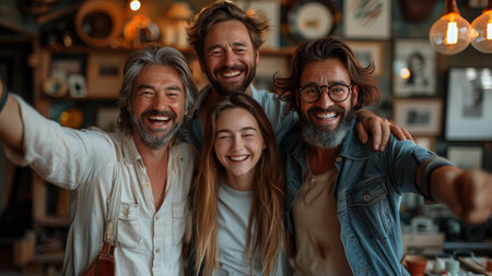 Portrait of cheerful family taking selfie with smartphone in cafe. Cheerful mature father and his children spending time together.の素材