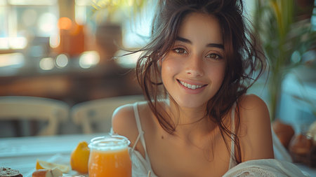 Portrait of beautiful young woman having breakfast in the morning at cafe.の素材