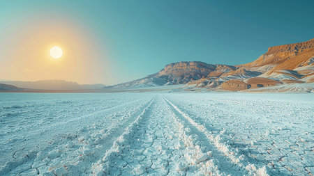 Frozen desert road at sunset. 3D Rendering. Vintage style.の素材
