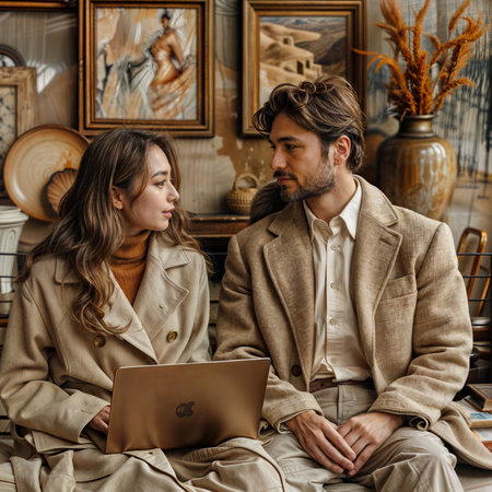 Beautiful young couple in love using a laptop while sitting on the floor at homeの素材