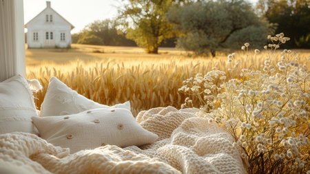 White pillows on a bed in a wheat field. Selective focus.の素材