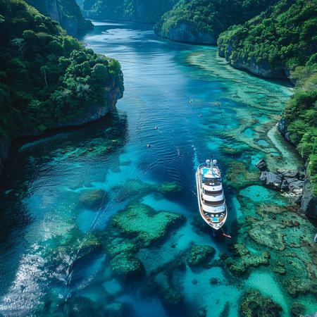 Aerial view of cruise ship on turquoise sea in El Nido, Palawan, Philippinesの素材