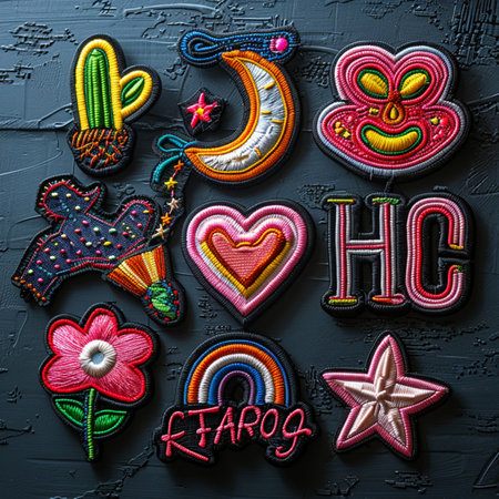 Colorful embroidery on a black background.の素材