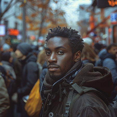 Fashionable man poses outside Gucci fashion show building for Milan Women's Fashion Week in Milan.の素材