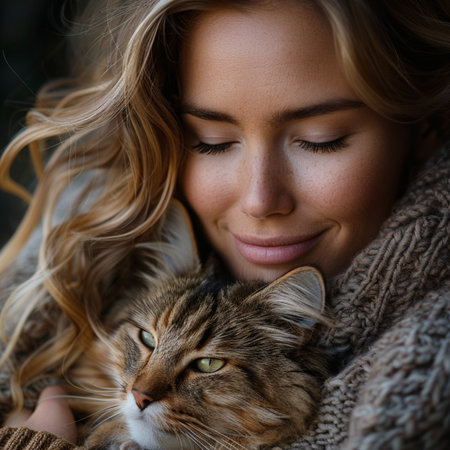Portrait of a beautiful young woman with a cat in her arms.の素材