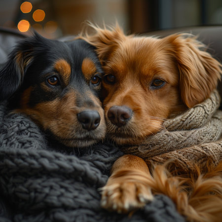 Two dogs in a warm scarf on a sofa. Close-up.の素材