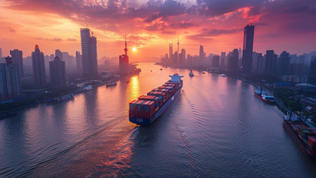 Aerial view of container ship and city skyline at sunset, Shanghai, Chinaの素材