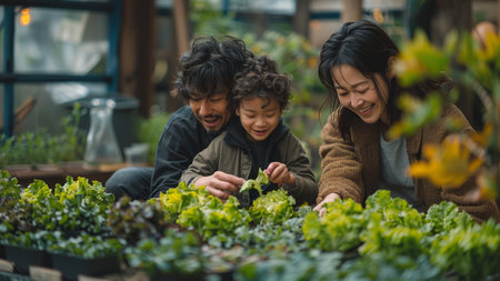 Happy asian family with little son in the greenhouse. Family gardening concept.の素材