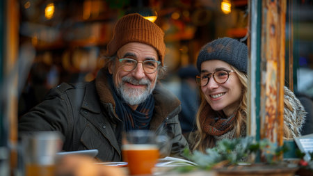 Portrait of a smiling senior couple sitting at a table in a cafe.の素材