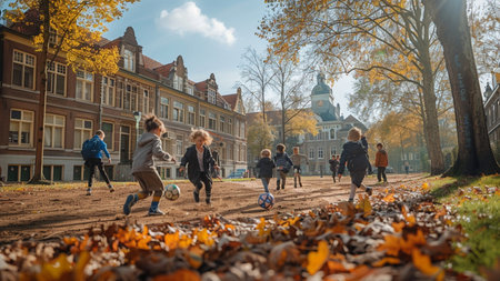 Children playing soccer in the autumn park. Kids having fun on a sunny day.の素材