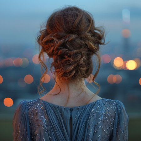 Beautiful woman with braided hairstyle in evening dress on city backgroundの素材