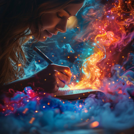 Girl writing in a notebook with a pen on a background of fireの素材