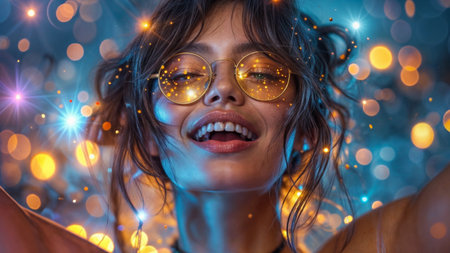 Smiling young woman in glasses with garland lights on background.の素材