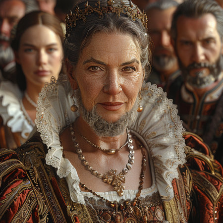 Portrait of an old woman in a medieval dress with a crown.の素材