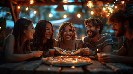Group of friends eating pizza and drinking beer in a pub or restaurantの素材