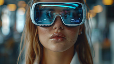Close-up portrait of a young woman in virtual reality glasses.の素材