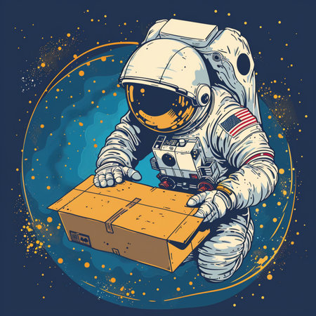 Astronaut and cardboard box on space background. Vector illustration.の素材