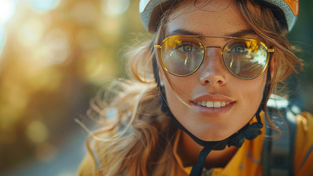 Close up portrait of a beautiful young woman in sunglasses and hat with backpackの素材