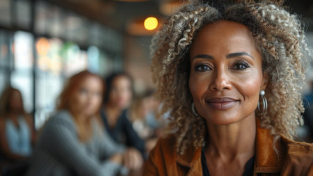 Portrait of smiling african american businesswoman in coffee shopの素材