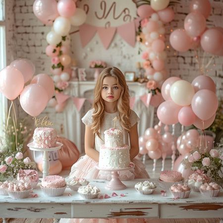 Beautiful blonde girl in a pink dress with a birthday cake on a white table with pink balloons and flowersの素材