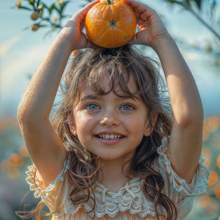 Portrait of cute little girl with tangerine fruit in her handsの素材