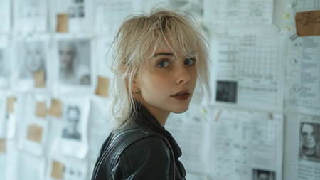 Portrait of a beautiful blonde girl in a black leather jacket on the background of postersの素材