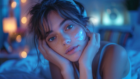 Portrait of young beautiful woman in bed at night. Girl looking at camera.の素材