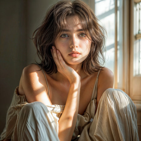 Portrait of a beautiful young woman sitting on the floor in the roomの素材