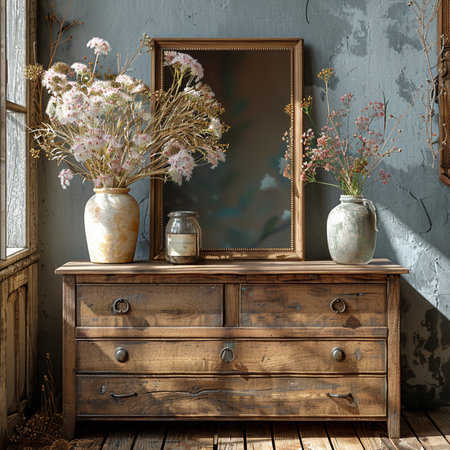 Vintage interior with wooden chest of drawers and vase with flowersの素材